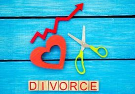 increased divorce rates. problems of the modern age. the inscription "divorce" and the red up arrow. scissors cut heart. breaking relations, quarrels. treachery, betrayal. cancellation of marriage